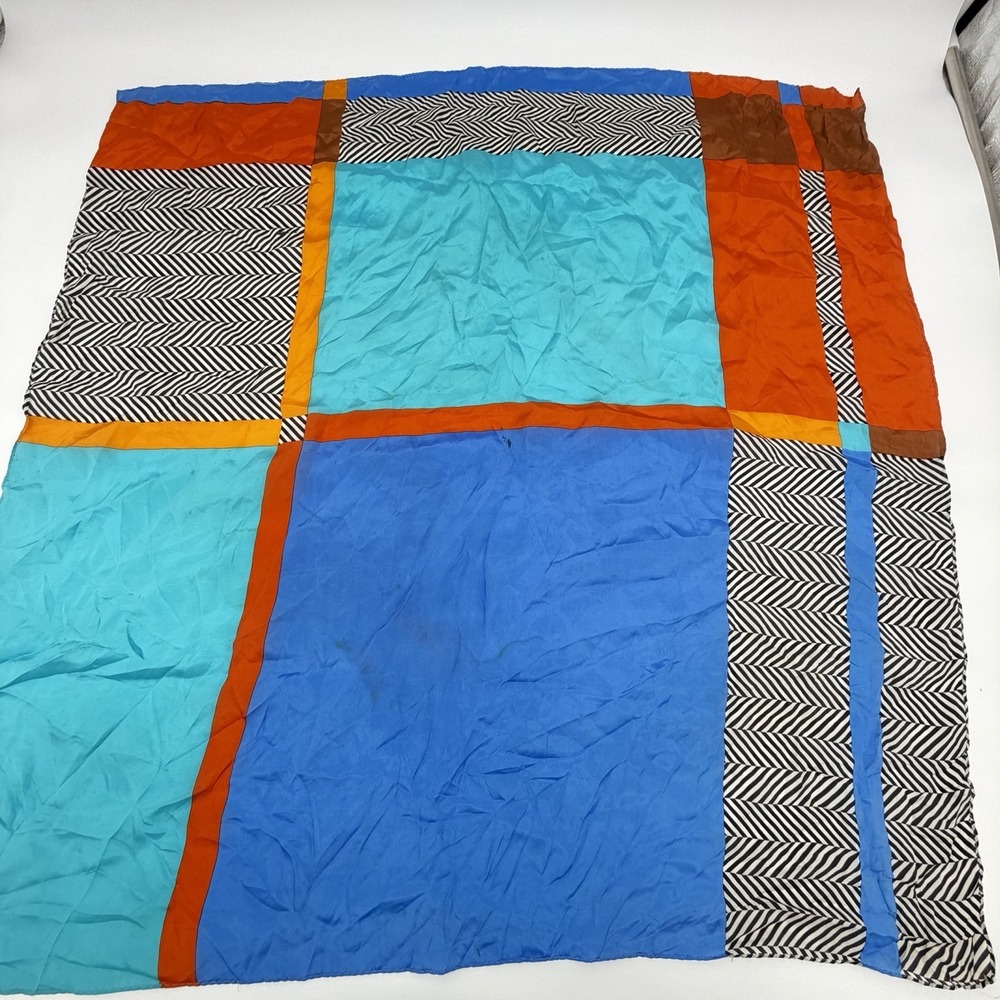 Vtg The Specialty House Silk Scarf Mod Geometric Chevron Blue Orange 31 Square